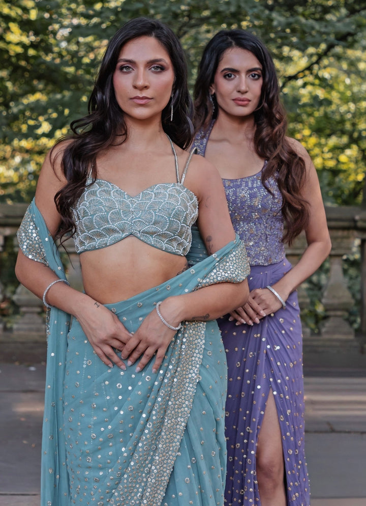 Dusty Green Georgette Predraped Saree Chamee and Palak - Fabilicious Fashion