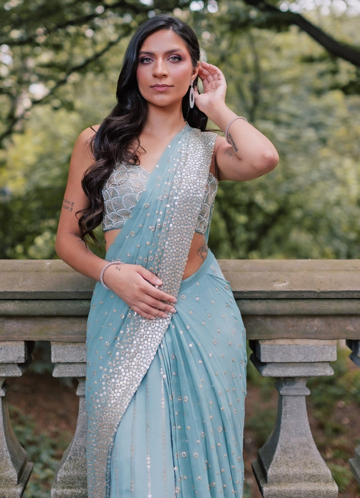 Dusty Green Georgette Predraped Saree Chamee and Palak - Fabilicious Fashion