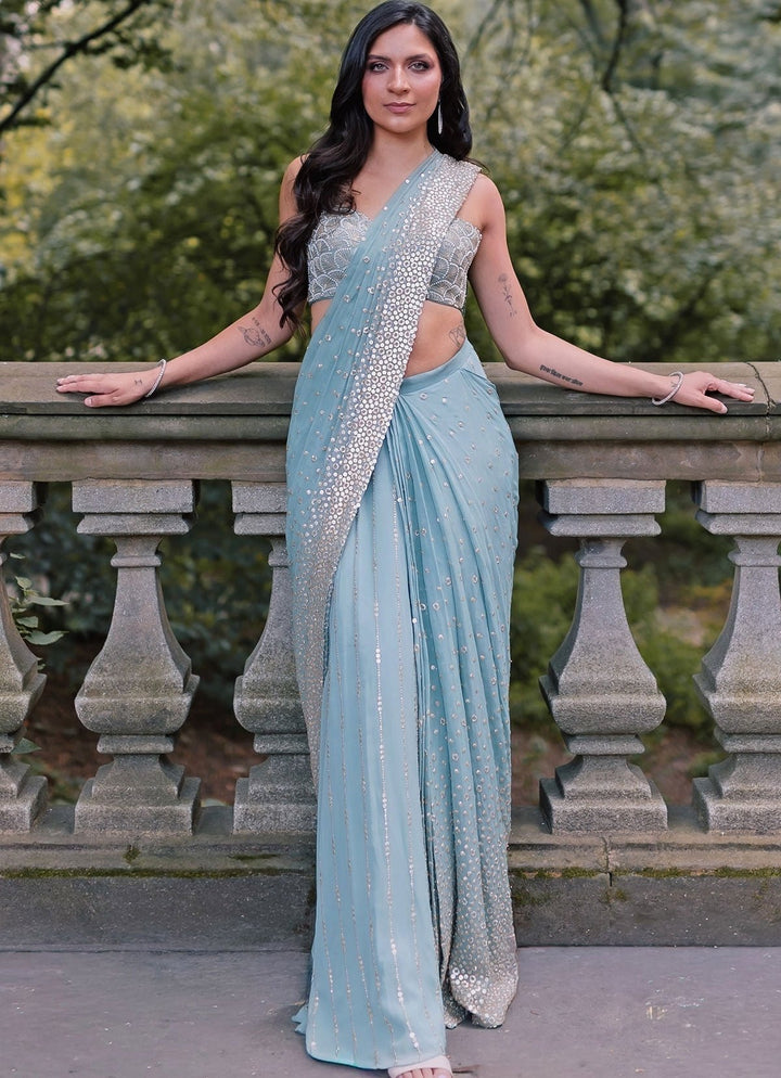 Dusty Green Georgette Predraped Saree Chamee and Palak - Fabilicious Fashion