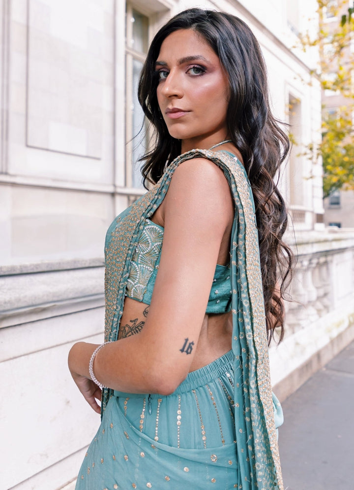 Dusty Green Georgette Predraped Saree Chamee and Palak - Fabilicious Fashion