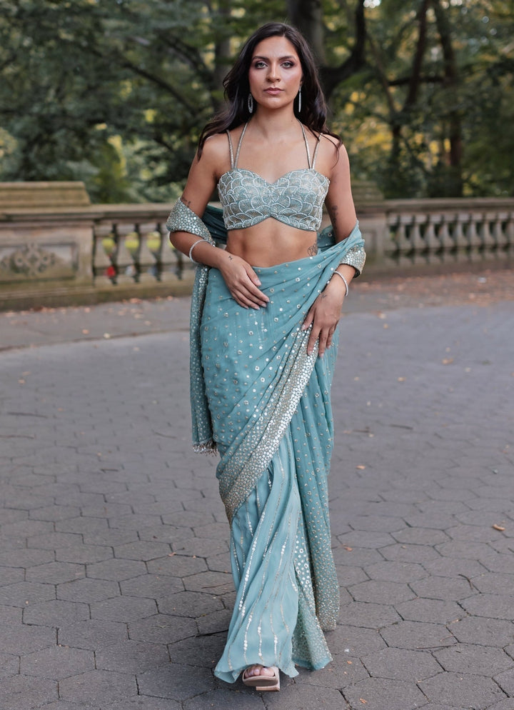 Dusty Green Georgette Predraped Saree Chamee and Palak - Fabilicious Fashion