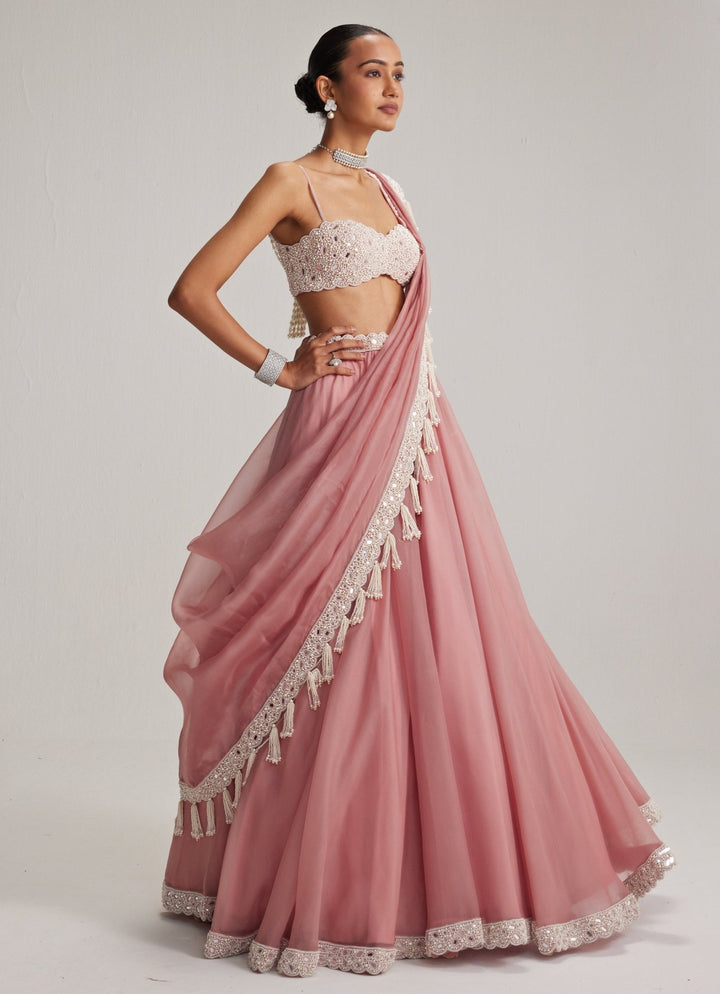 Dusty Rose Pearl Embroidered Organza Lehenga Set Vvani by Vani Vats - Fabilicious Fashion