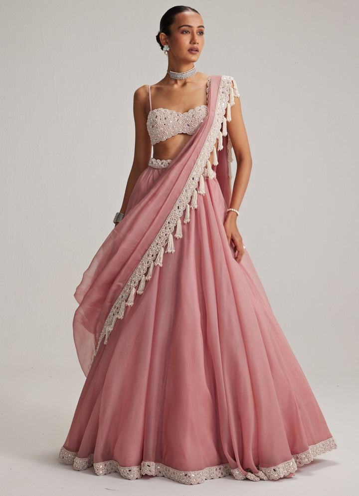 Dusty Rose Pearl Embroidered Organza Lehenga Set Vvani by Vani Vats - Fabilicious Fashion