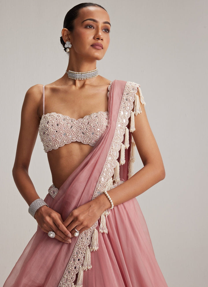 Dusty Rose Pearl Embroidered Organza Lehenga Set Vvani by Vani Vats - Fabilicious Fashion
