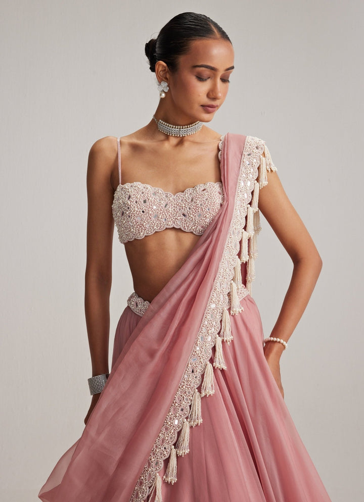 Dusty Rose Pearl Embroidered Organza Lehenga Set Vvani by Vani Vats - Fabilicious Fashion