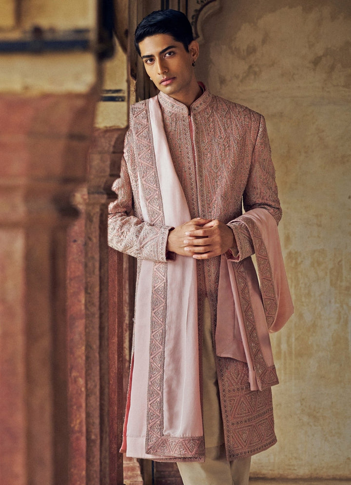 Dusty Rose Pink Embroidered Sherwani Nitika Gujral - Men - Fabilicious Fashion