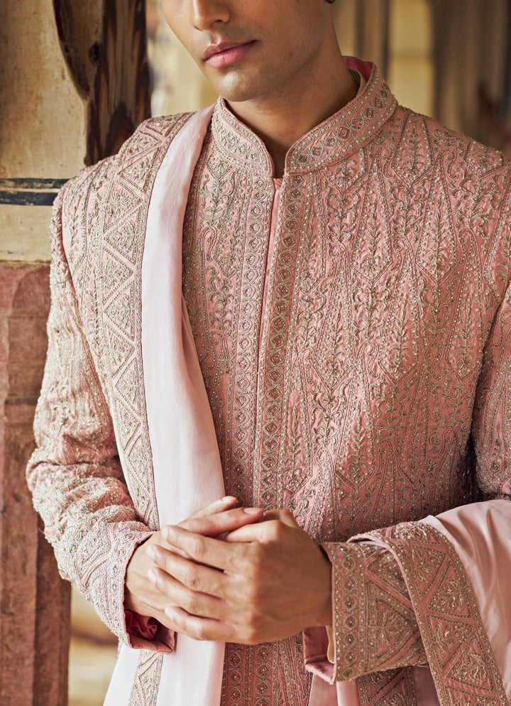 Dusty Rose Pink Embroidered Sherwani Nitika Gujral - Men - Fabilicious Fashion
