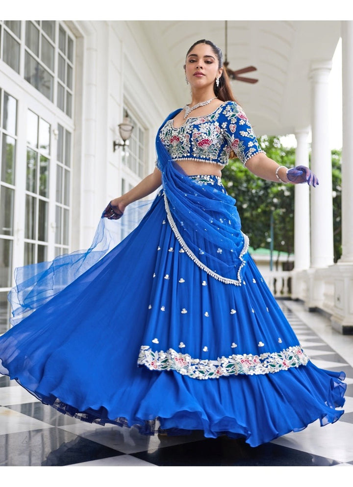 Electric Blue Georgette Lehenga Set With Draped Dupatta Seema Thukral - Fabilicious Fashion
