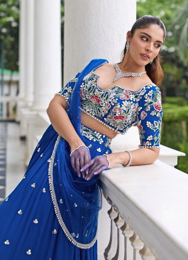 Electric Blue Georgette Lehenga Set With Draped Dupatta Seema Thukral - Fabilicious Fashion