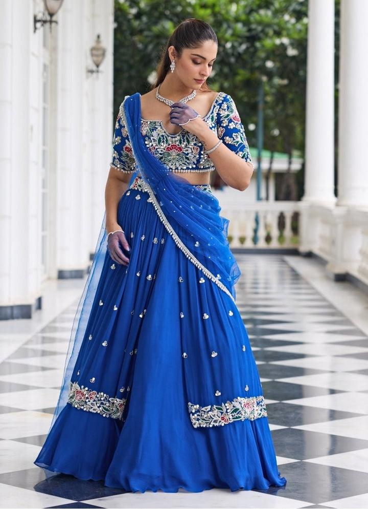 Electric Blue Georgette Lehenga Set With Draped Dupatta Seema Thukral - Fabilicious Fashion