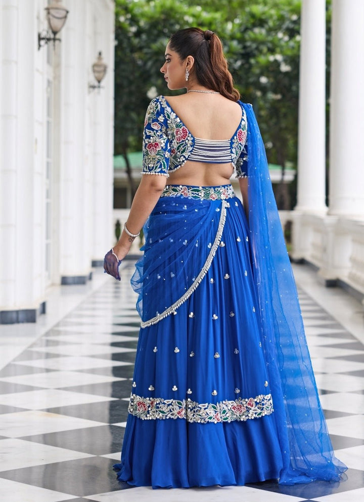 Electric Blue Georgette Lehenga Set With Draped Dupatta Seema Thukral - Fabilicious Fashion