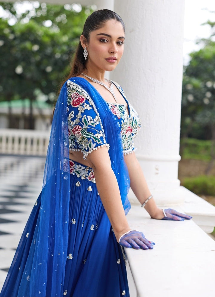 Electric Blue Georgette Lehenga Set With Draped Dupatta Seema Thukral - Fabilicious Fashion