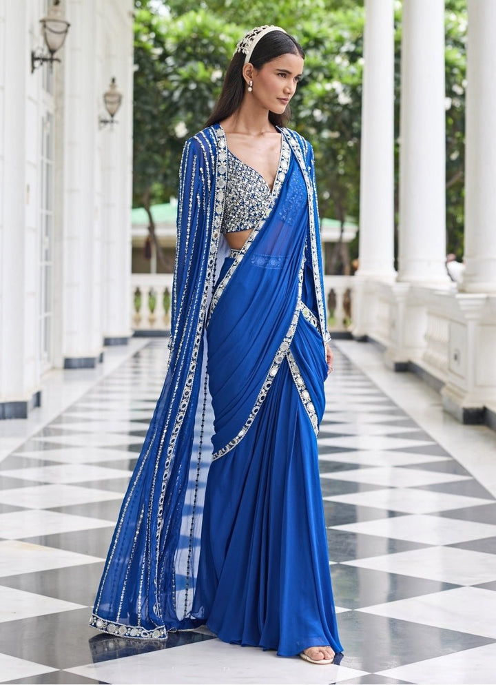 Electric Blue Georgette Pre Draped Saree With Jacket Seema Thukral - Fabilicious Fashion