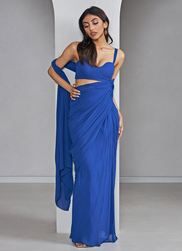 Electric Blue Pre Draped Pure Georgette Saree Set With Bustier Blouse Ankita Bajaj Label - Fabilicious Fashion