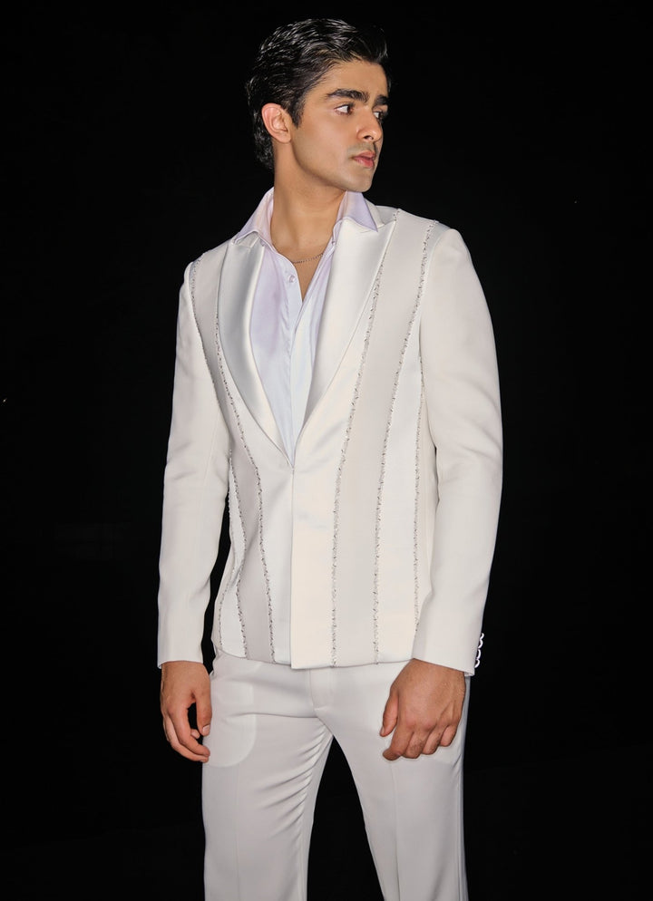 Elegant Ivory Embroidered Tuxedo Set Contrast By Parth - Fabilicious Fashion