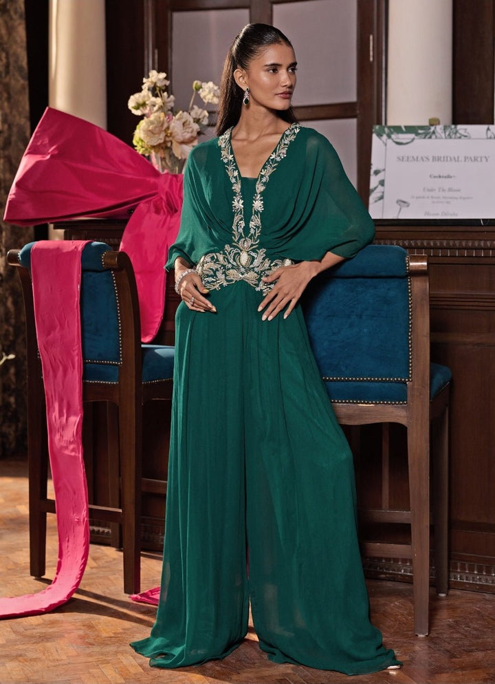 Emerald Green Georgette Pleated Jumpsuit Seema Thukral - Fabilicious Fashion