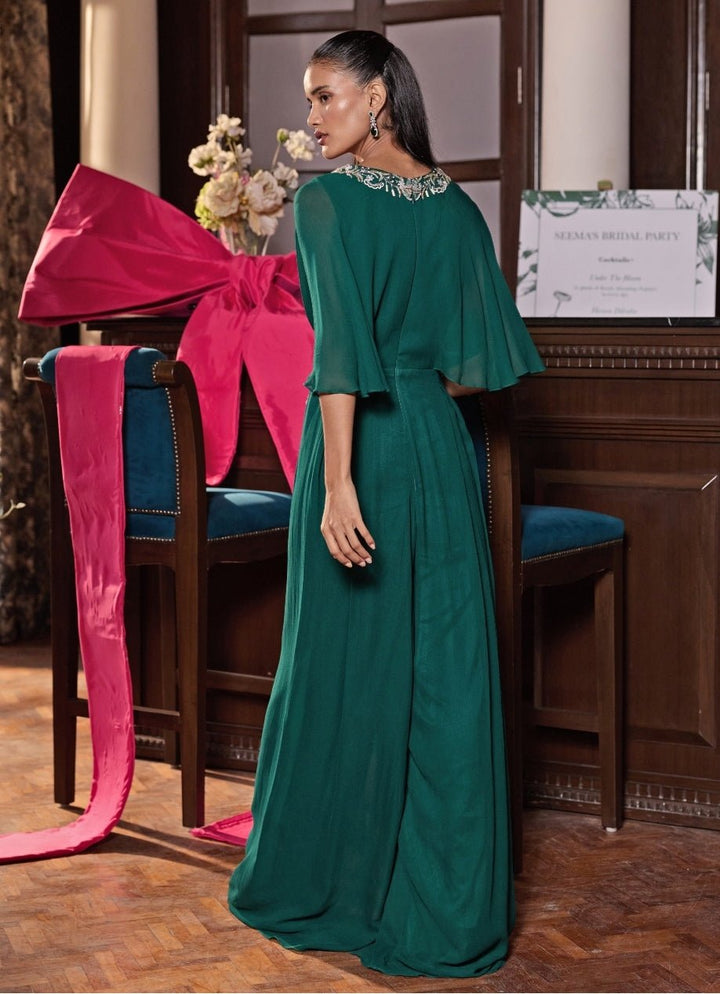 Emerald Green Georgette Pleated Jumpsuit Seema Thukral - Fabilicious Fashion