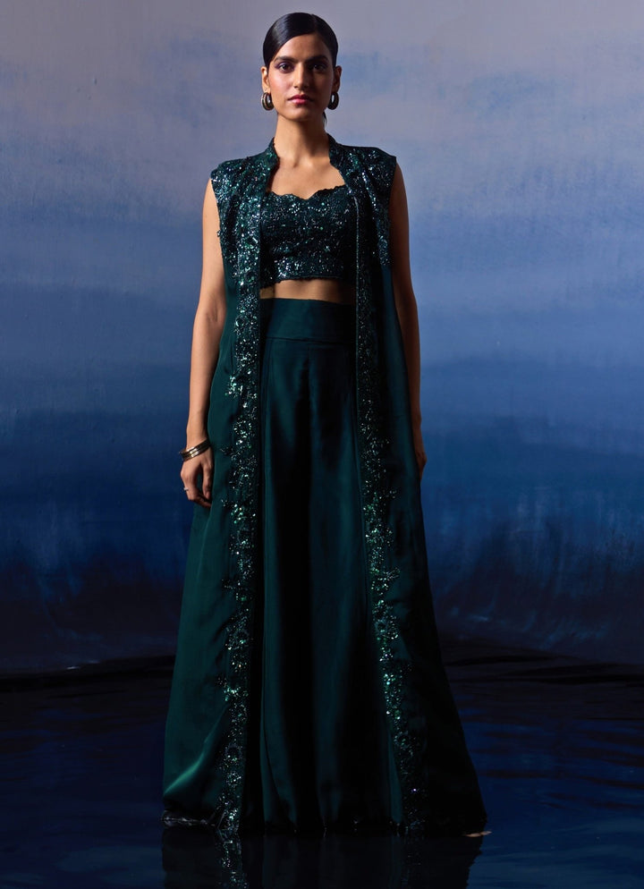 Emerald Green Organza Sharara with Cape Angad Singh - Fabilicious Fashion