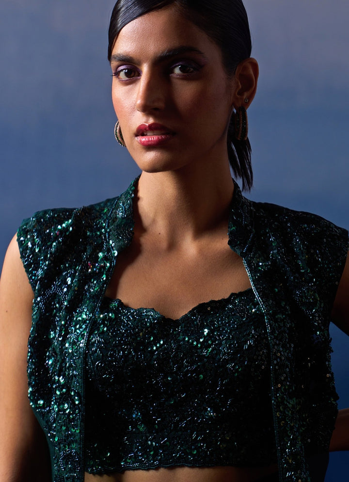 Emerald Green Organza Sharara with Cape Angad Singh - Fabilicious Fashion