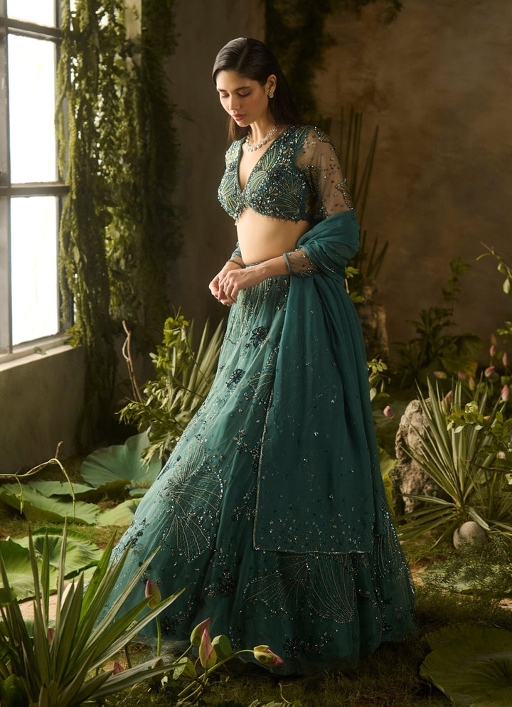 Emerald Green Sequinned Lehenga Set Parul Gandhi - Fabilicious Fashion