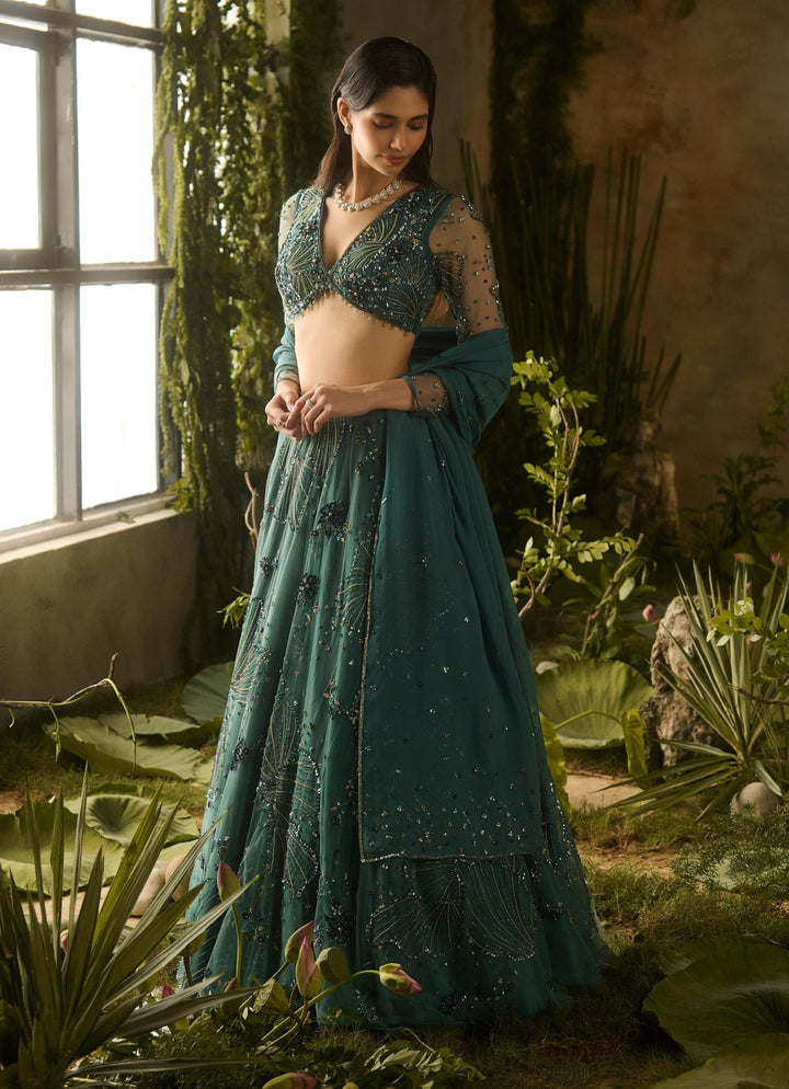 Emerald Green Sequinned Lehenga Set Parul Gandhi - Fabilicious Fashion