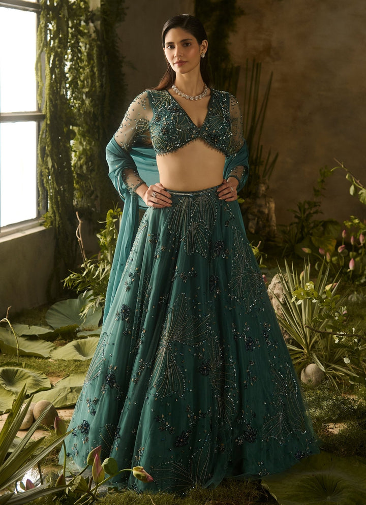 Emerald Green Sequinned Lehenga Set Parul Gandhi - Fabilicious Fashion