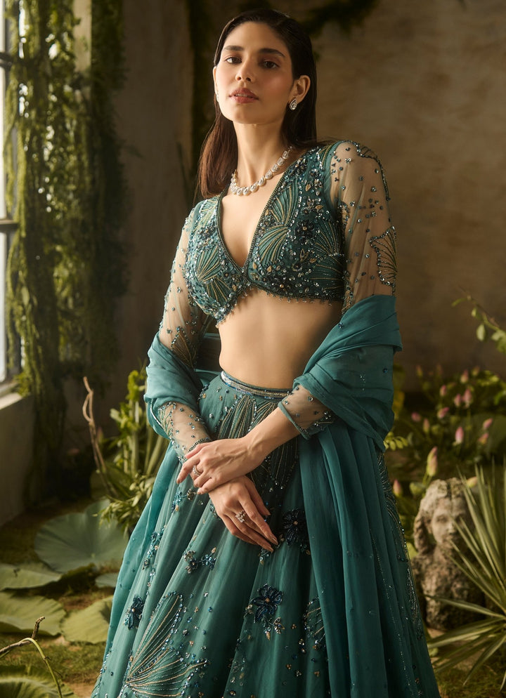 Emerald Green Sequinned Lehenga Set Parul Gandhi - Fabilicious Fashion