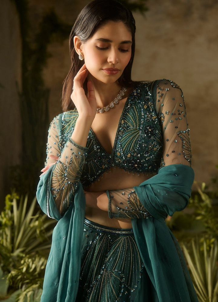 Emerald Green Sequinned Lehenga Set Parul Gandhi - Fabilicious Fashion
