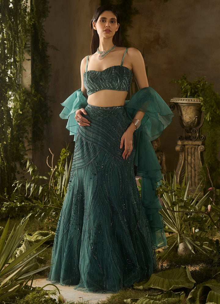 Emerald Green Sequinned Mermaid Lehenga Set Parul Gandhi - Fabilicious Fashion