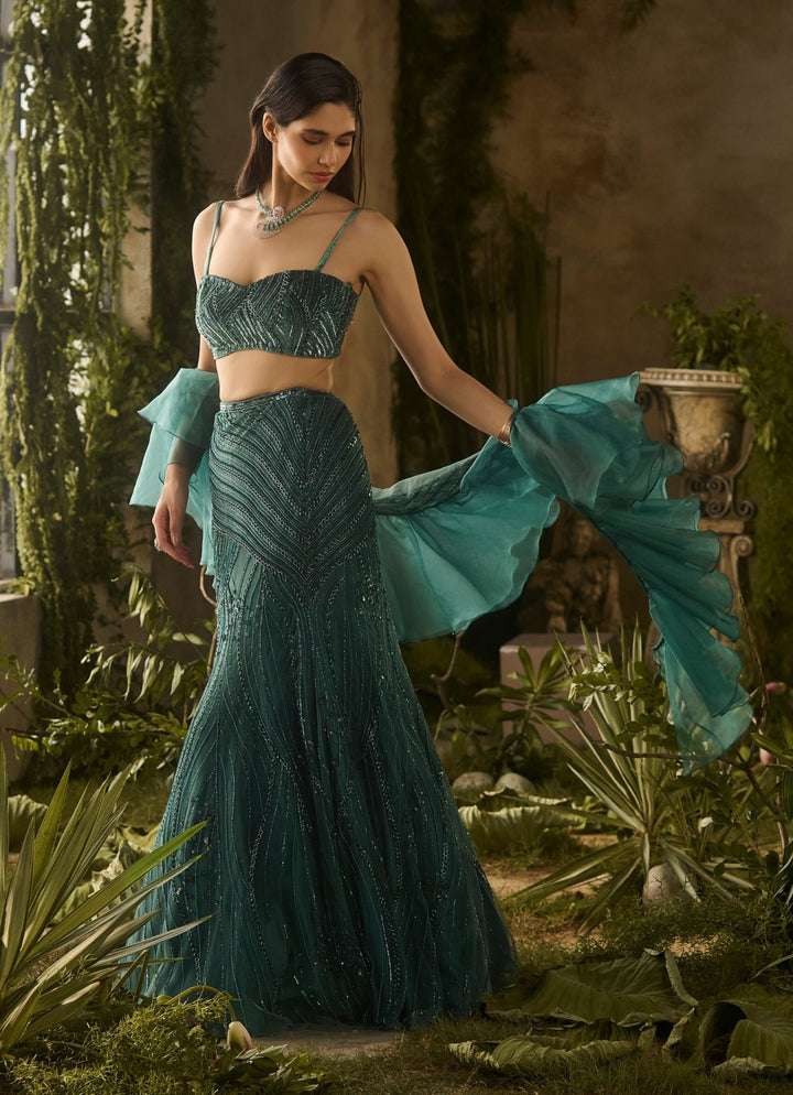 Emerald Green Sequinned Mermaid Lehenga Set Parul Gandhi - Fabilicious Fashion