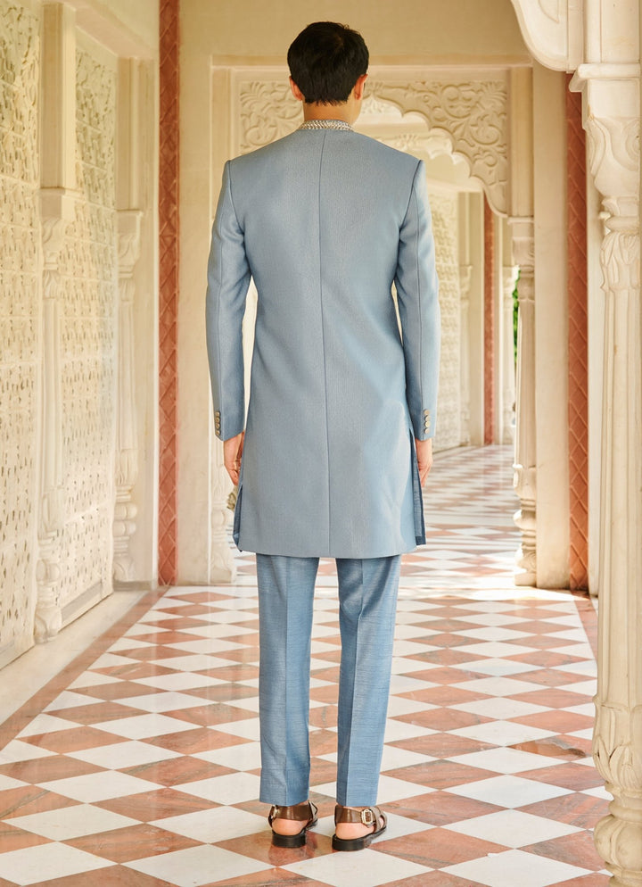 English Blue Silk Sherwani Set Contrast By Parth - Fabilicious Fashion