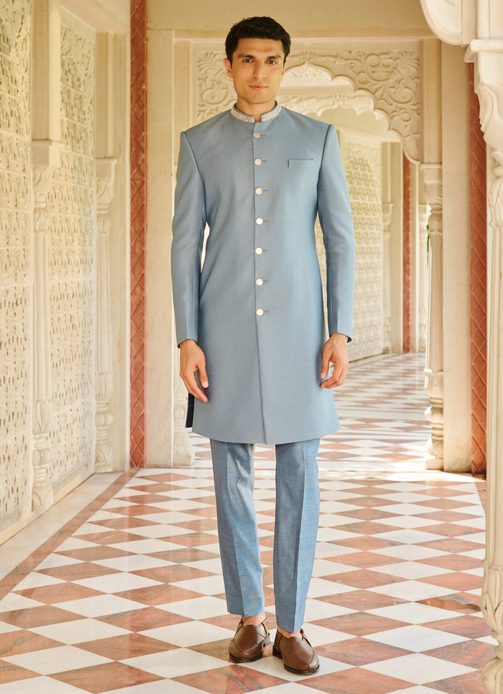English Blue Silk Sherwani Set Contrast By Parth - Fabilicious Fashion