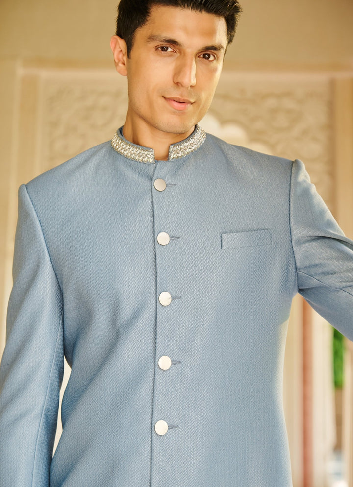 English Blue Silk Sherwani Set Contrast By Parth - Fabilicious Fashion