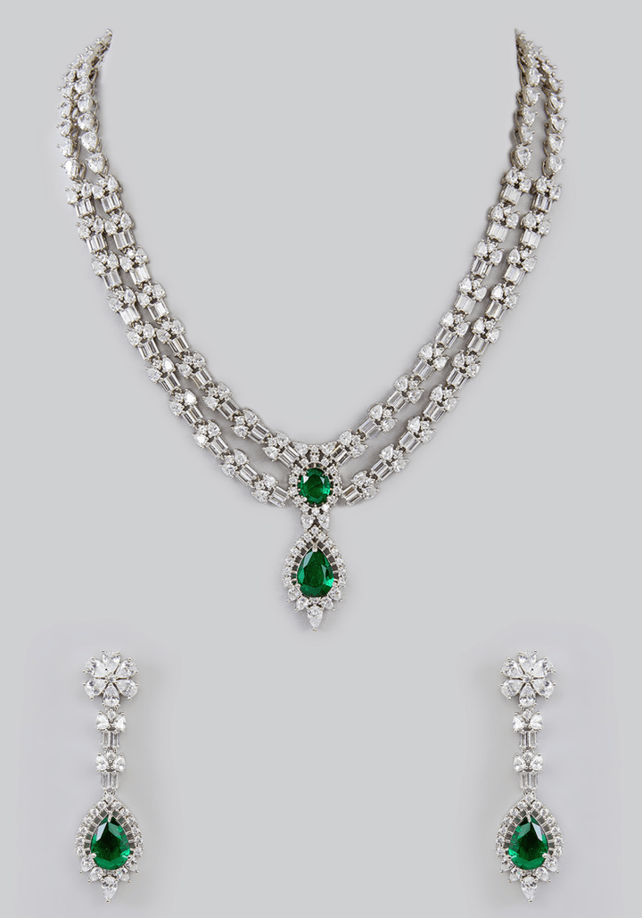 Faux Diamond And Green Stones Necklace Set Zevar by Geeta - Fabilicious Fashion