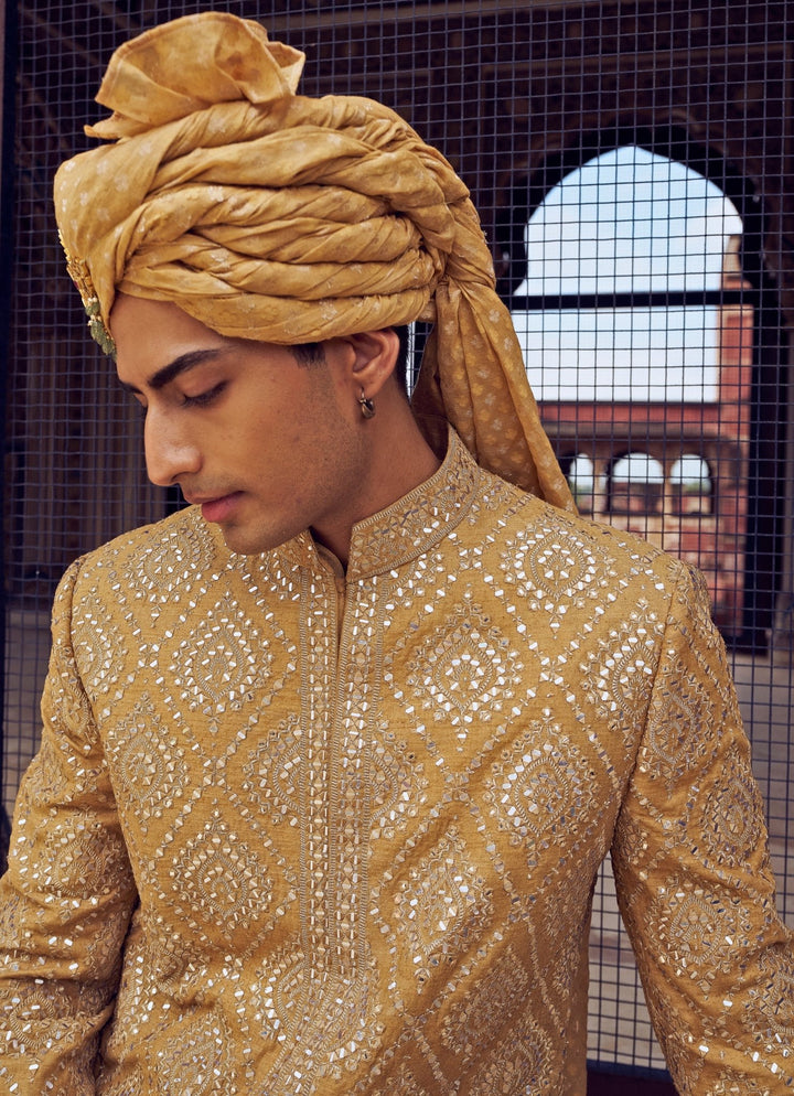 Gold Colour Embroidered Sherwani With Dhoti Nitika Gujral - Men - Fabilicious Fashion