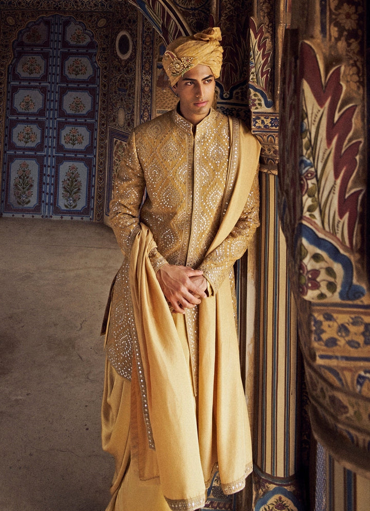 Gold Colour Embroidered Sherwani With Dhoti Nitika Gujral - Men - Fabilicious Fashion