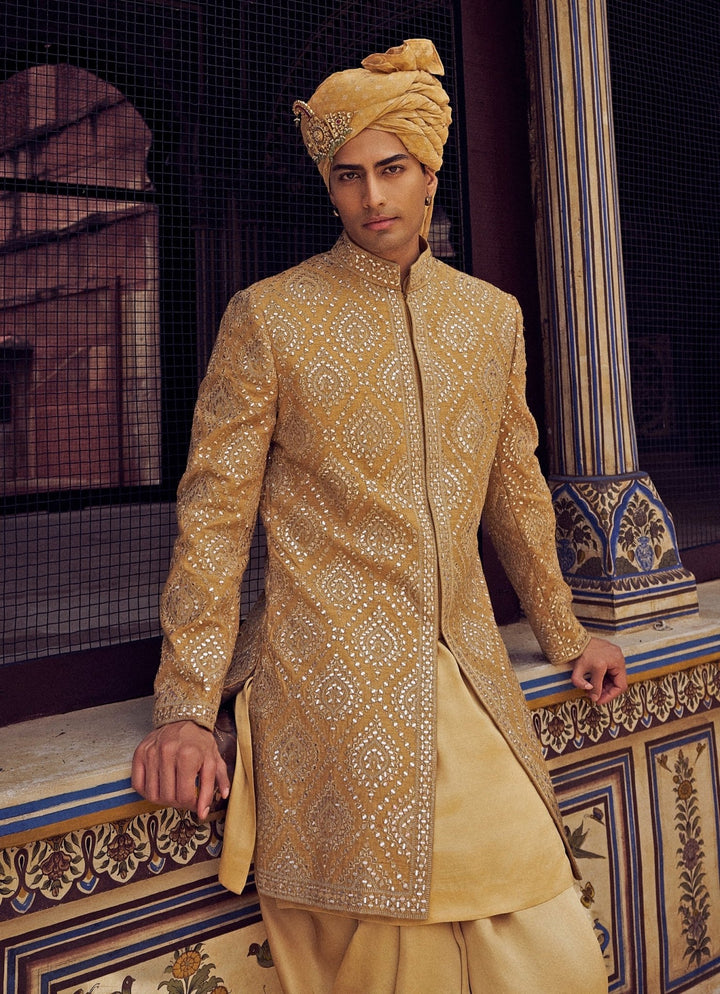 Gold Colour Embroidered Sherwani With Dhoti Nitika Gujral - Men - Fabilicious Fashion
