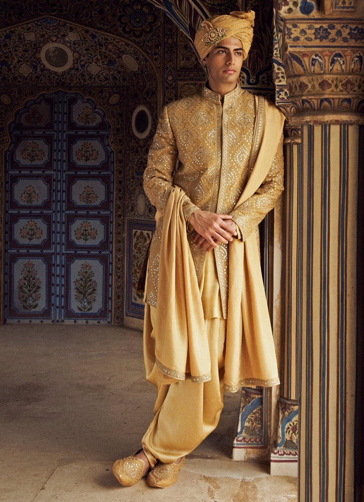 Gold Colour Embroidered Sherwani With Dhoti Nitika Gujral - Men - Fabilicious Fashion