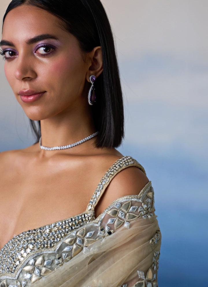 Gold Embellished Mirror Net Saree Angad Singh - Fabilicious Fashion