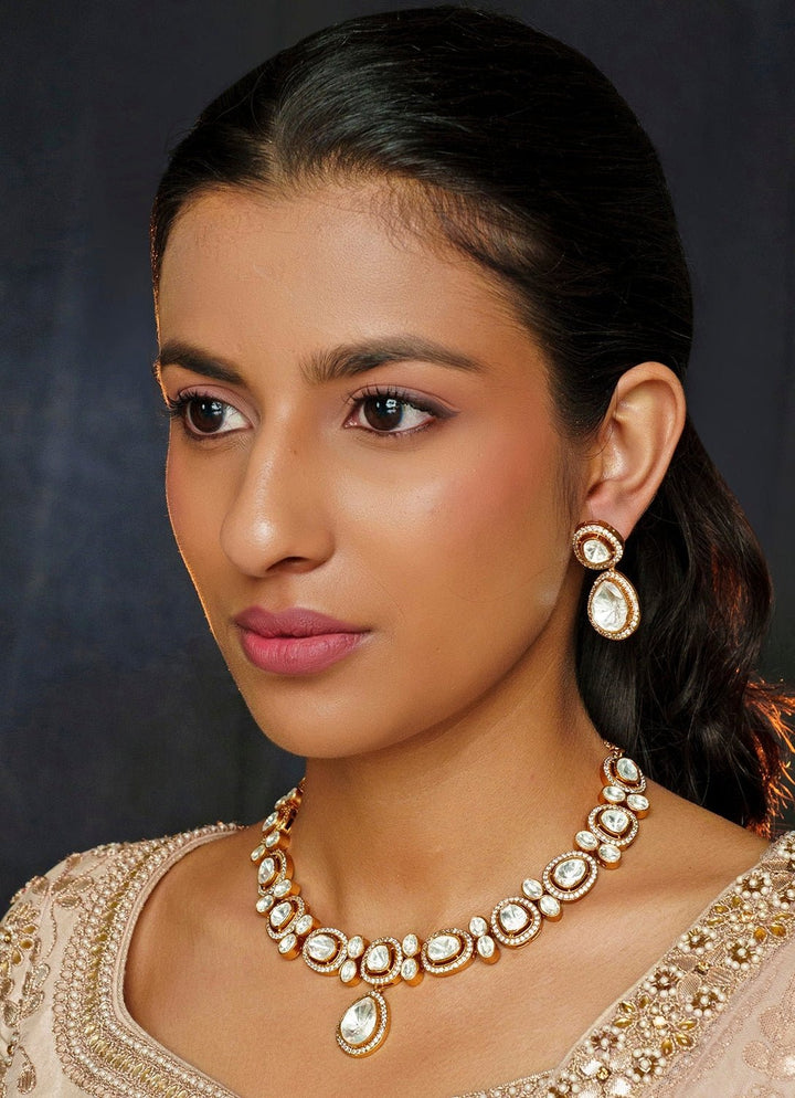 Gold Finish Moissanite Necklace Set Zevar By Geeta - Fabilicious Fashion