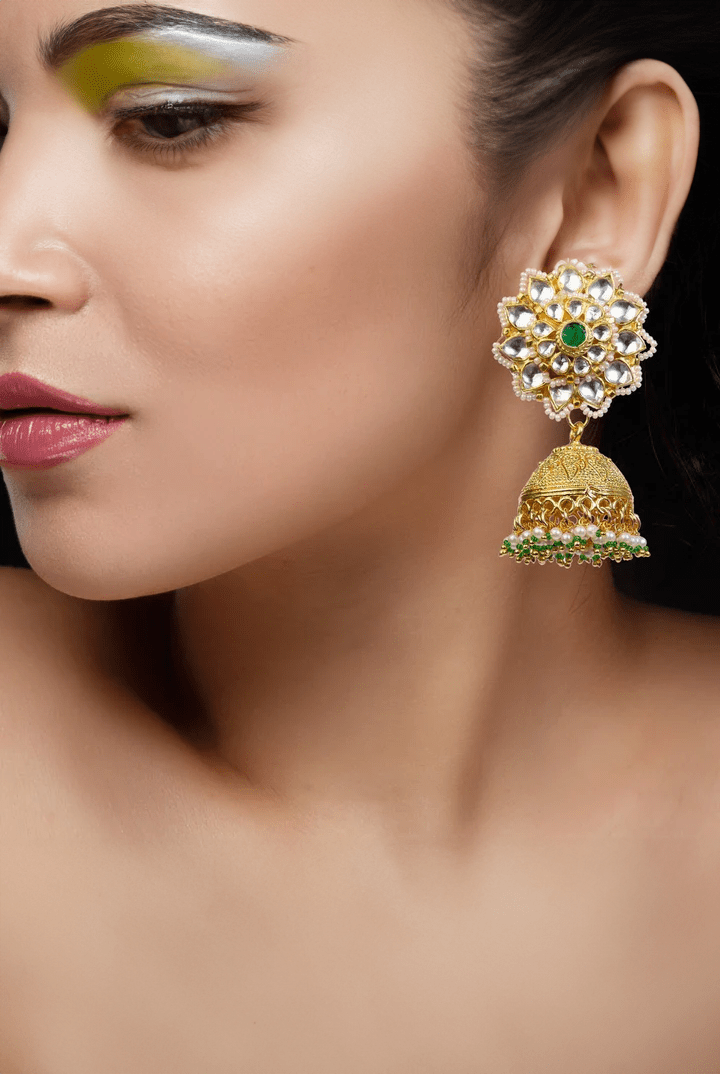 Gold Jhumki With Green Pearl