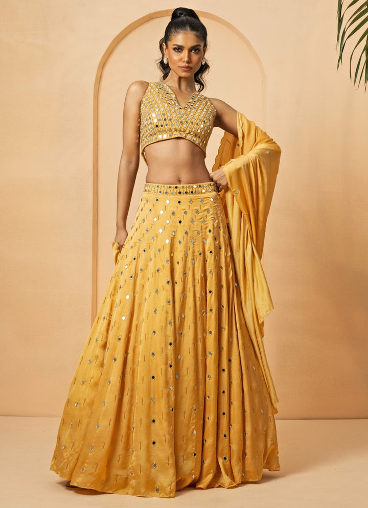 Gold Mirror Embroidered Lehenga Set Quench A Thirst - Fabilicious Fashion