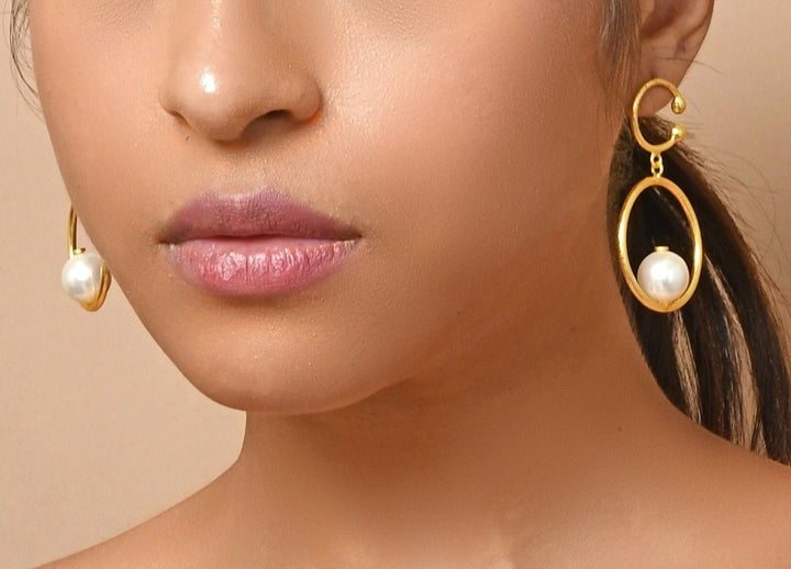 Gold Plated and Handcrafted Drop Down Pearl Earrings Zaza By Somya - Fabilicious Fashion