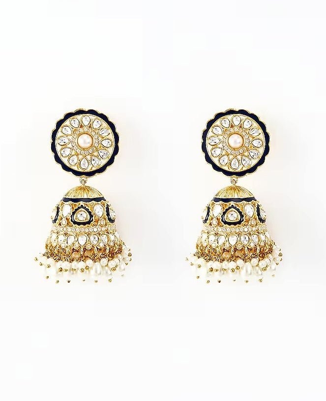 Gold Plated Black Kundan And Polki Jhumkas Earrings Vivinia by Vidhi Mehra - Fabilicious Fashion