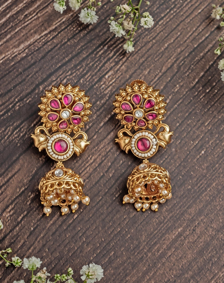 Gold Plated Floral Pink Beaded Jhumka Earrings Vivinia by Vidhi Mehra - Fabilicious Fashion