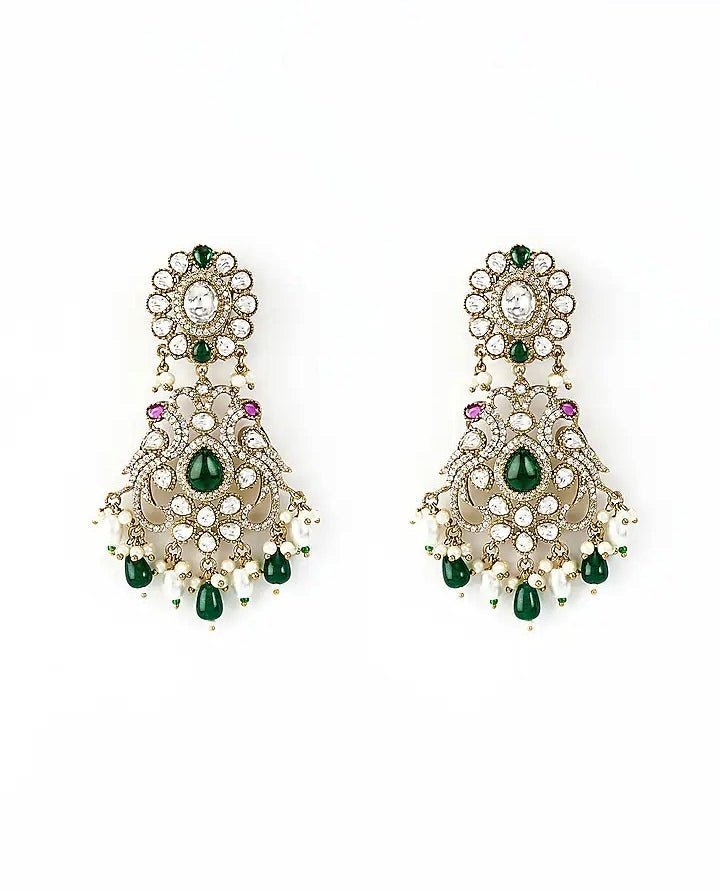Gold Plated Green And White Kundan Danglers Earrings Vivinia by Vidhi Mehra - Fabilicious Fashion