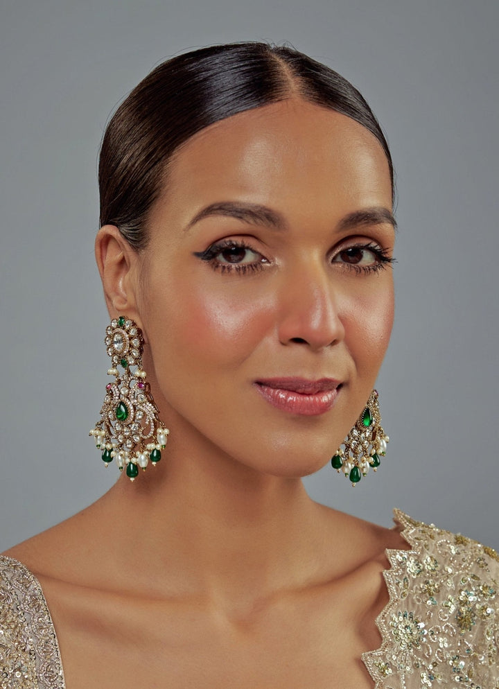 Gold Plated Green And White Kundan Danglers Earrings Vivinia by Vidhi Mehra - Fabilicious Fashion