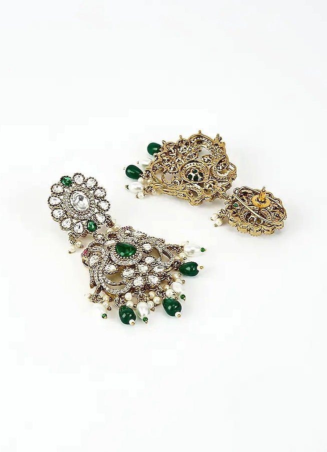 Gold Plated Green And White Kundan Danglers Earrings Vivinia by Vidhi Mehra - Fabilicious Fashion