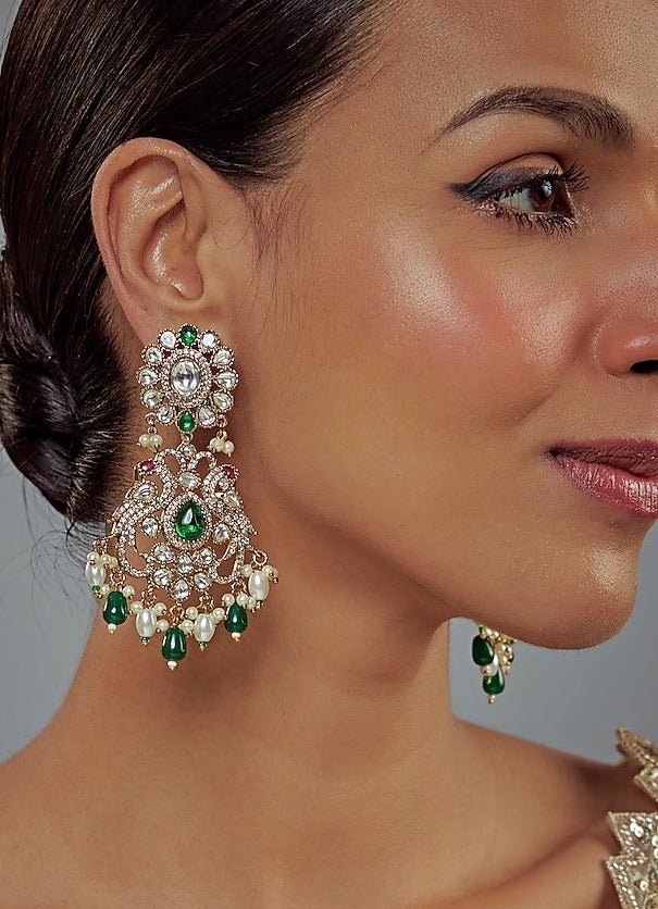 Gold Plated Green And White Kundan Danglers Earrings Vivinia by Vidhi Mehra - Fabilicious Fashion