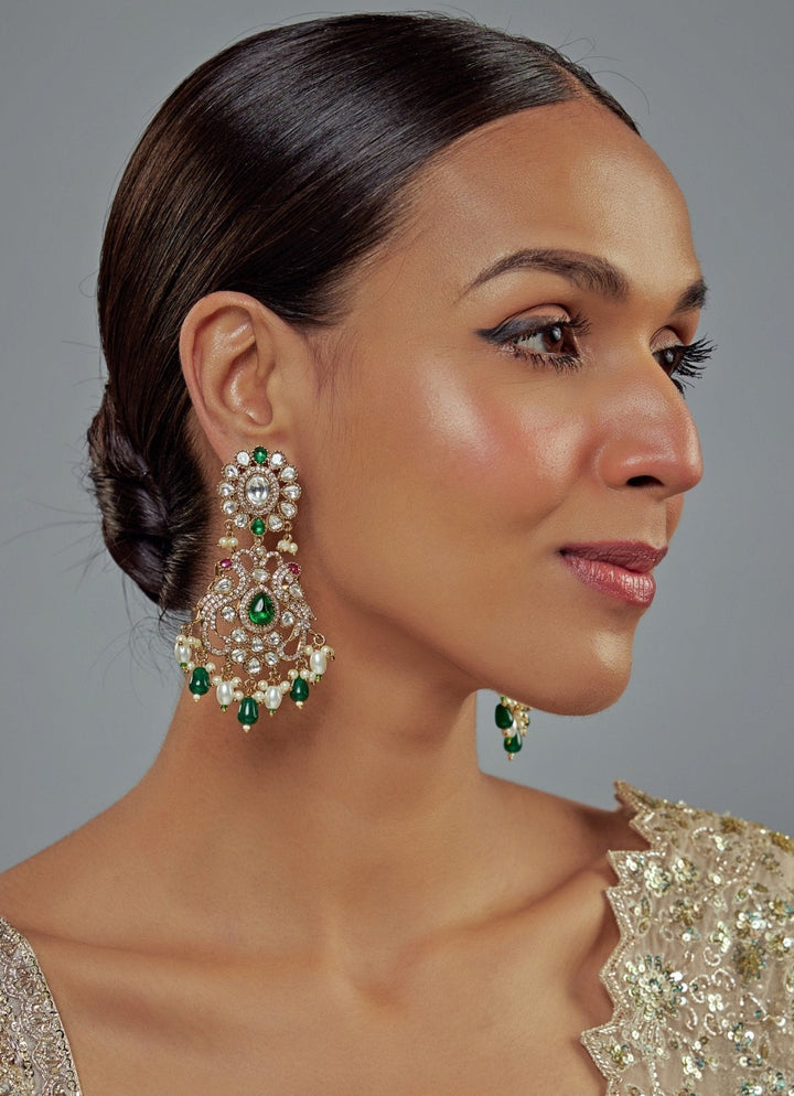 Gold Plated Green And White Kundan Danglers Earrings Vivinia by Vidhi Mehra - Fabilicious Fashion